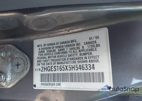 2005 Honda Civic Lx из США, поврежденный, VIN 2HGES165X5H546334